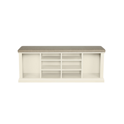 A white shoe storage bench with multiple compartments and a cushioned seat on a plain background.