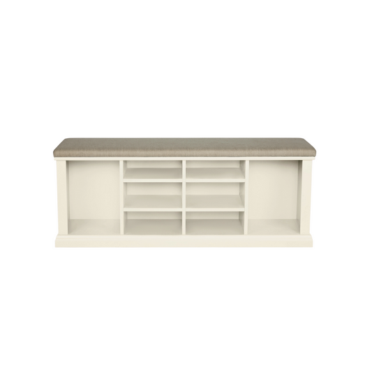 A white shoe storage bench with multiple compartments and a cushioned seat on a plain background.