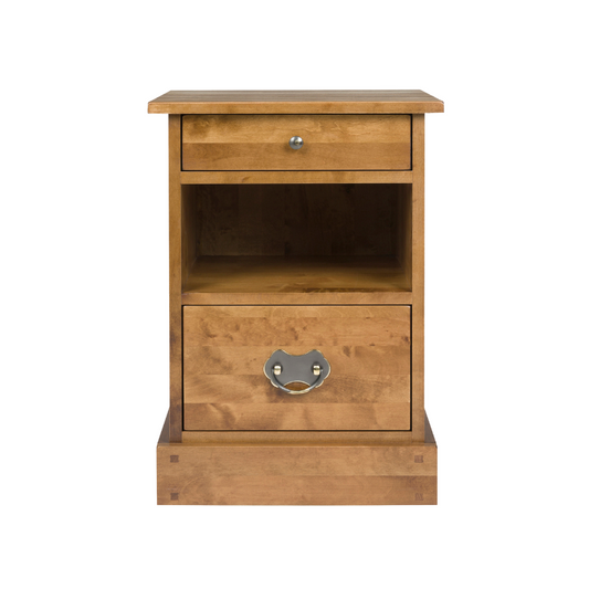 A 2-drawer side table with a honey-colored finish, featuring a mix of solid wood and engineered wood materials.