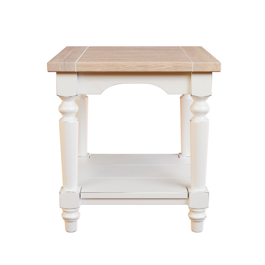 A white Dorset side table with a wooden top and a shelf beneath, featuring a classic cottage style design.