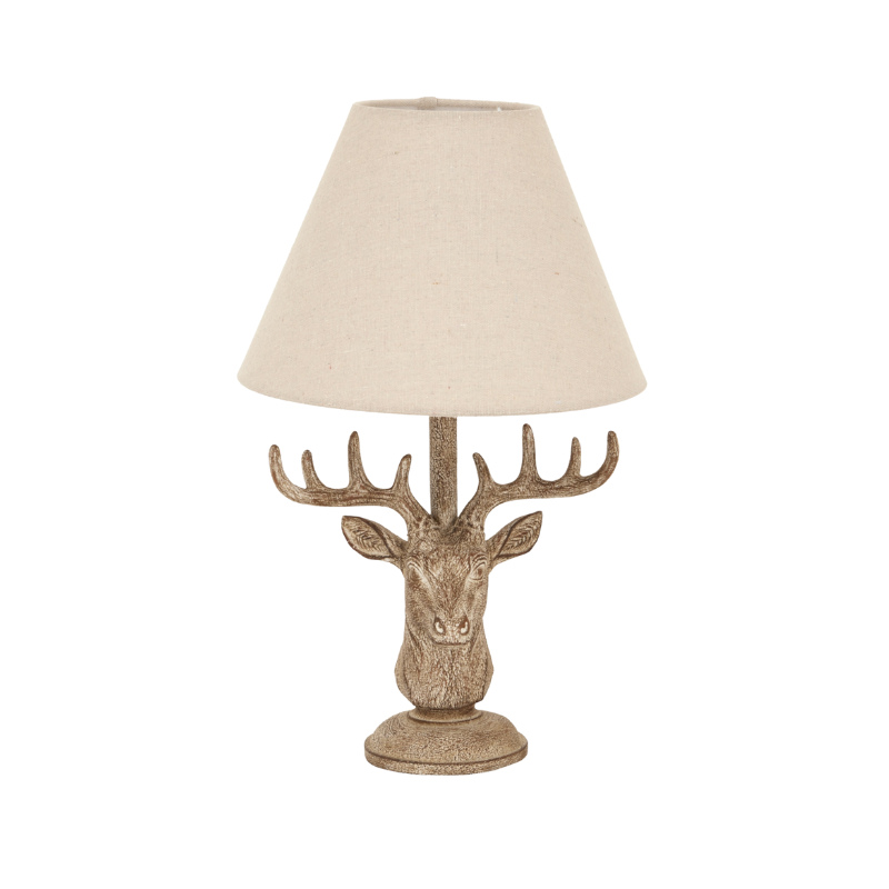 Stonewashed Stag Head Table Lamp With Linen Lampshade - 24004