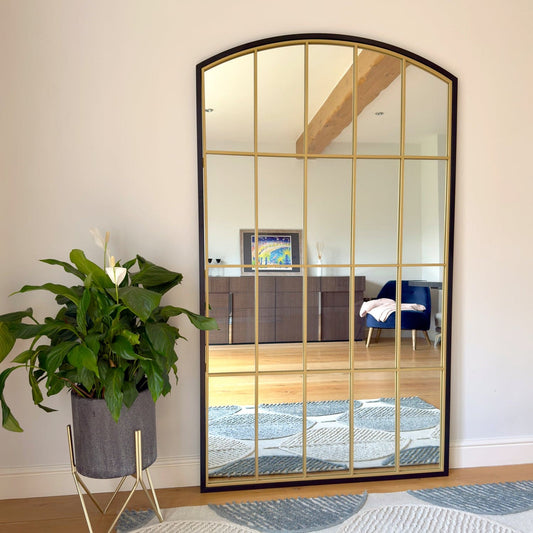 Tomi - Full Length Black & Gold Metal Arched Lattice Window Mirror - 180cm x 105cm