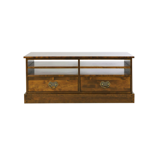 A dark chestnut brown 2-drawer TV unit with a open shelf above the drawers, featuring ring handles.