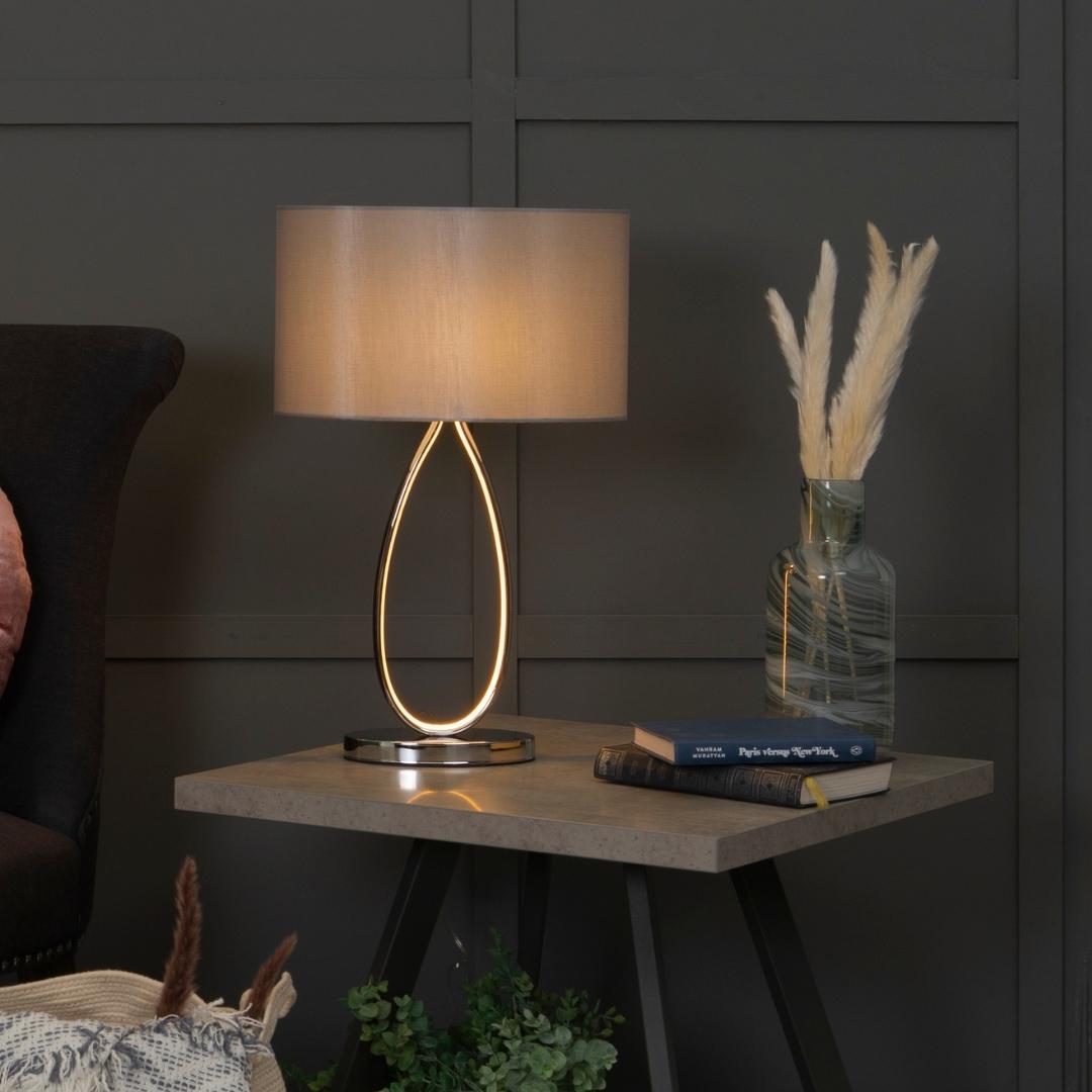 Zabina Polished Chrome & Grey LED Table Lamp - White Bear Furnishings