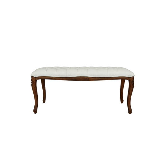 Wooden bench with white cushion on a white background