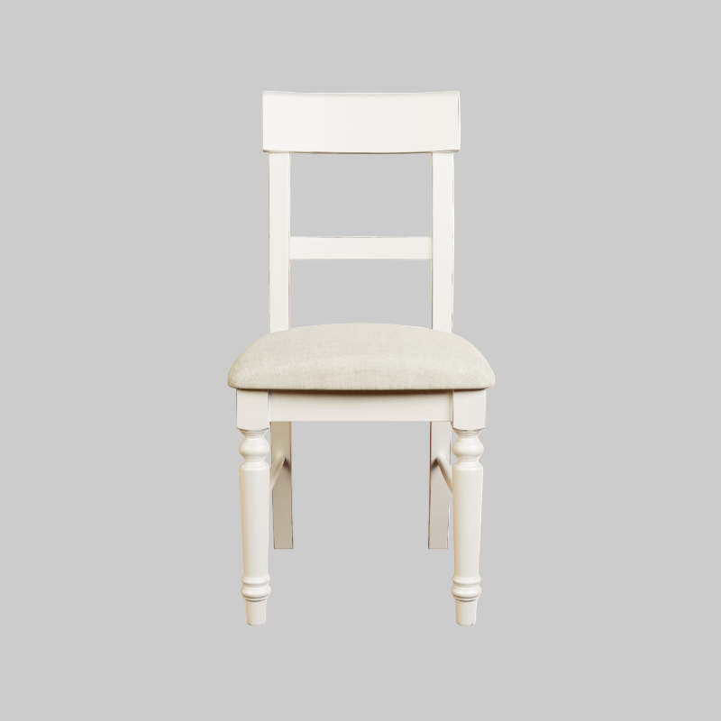 A white upholstered dining chair with a full back and seat, featuring a wooden frame and legs.