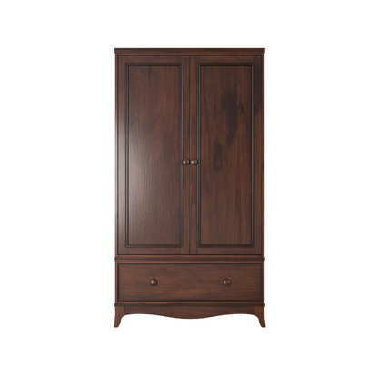 A dark brown wooden wardrobe with two doors and one drawer.