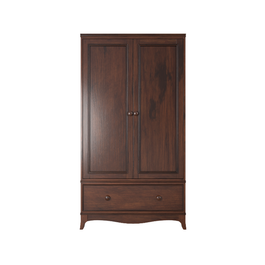 A dark brown wooden wardrobe with two doors and one drawer.