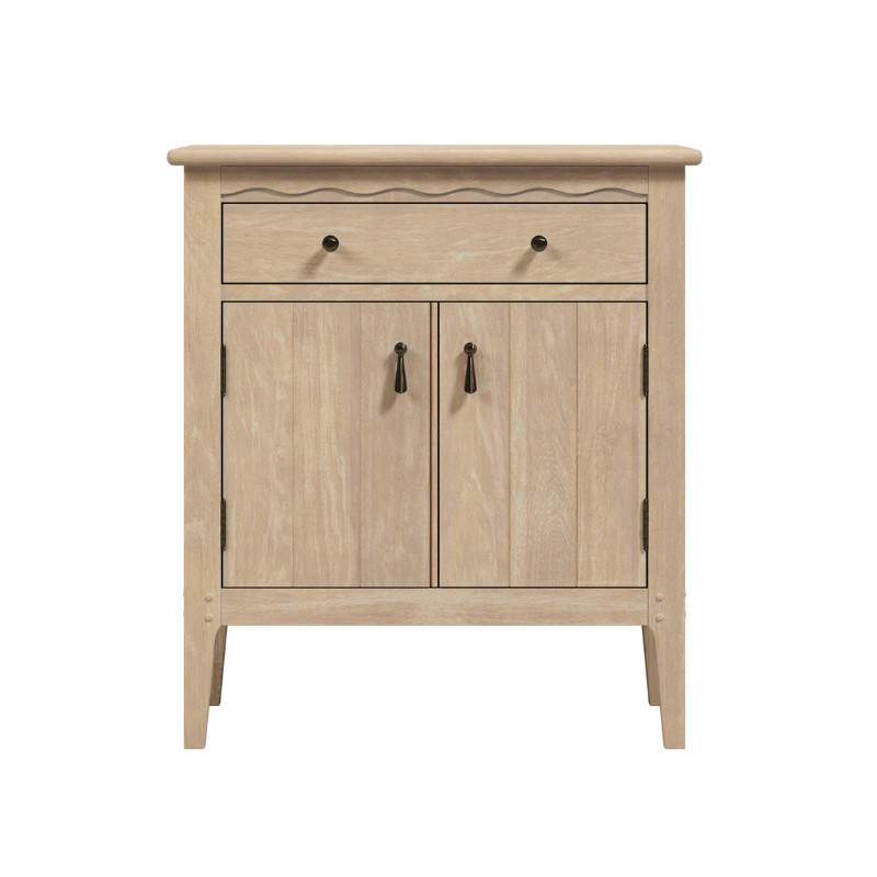 A washed oak cabinet with two doors and one drawer, featuring a traditional design with scalloped edge detailing.