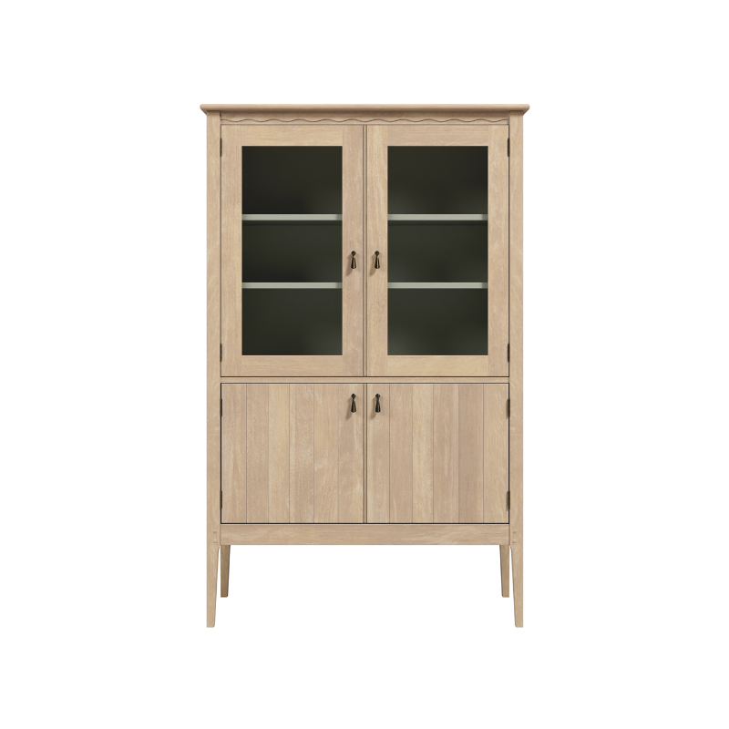 A washed oak 4 door glazed cabinet with a wooden finish and glass panels on the doors.