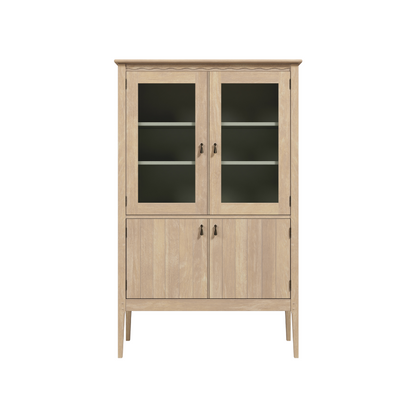A washed oak 4 door glazed cabinet with a wooden finish and glass panels on the doors.