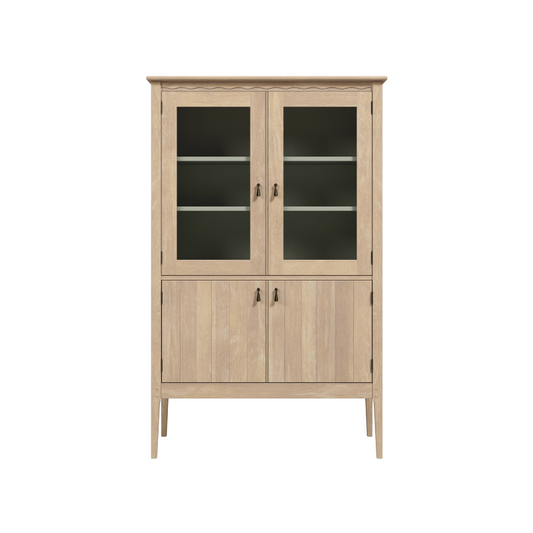 A washed oak 4 door glazed cabinet with a wooden finish and glass panels on the doors.