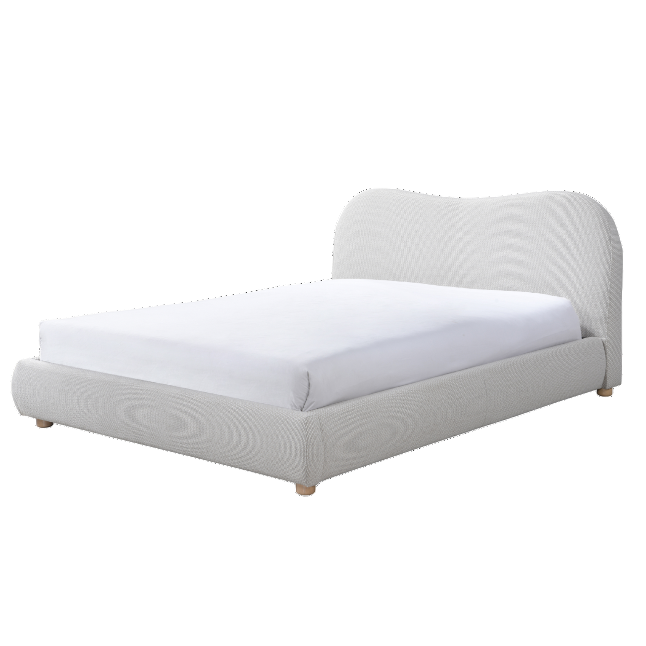 Gray upholstered bed with white mattress on a white background
