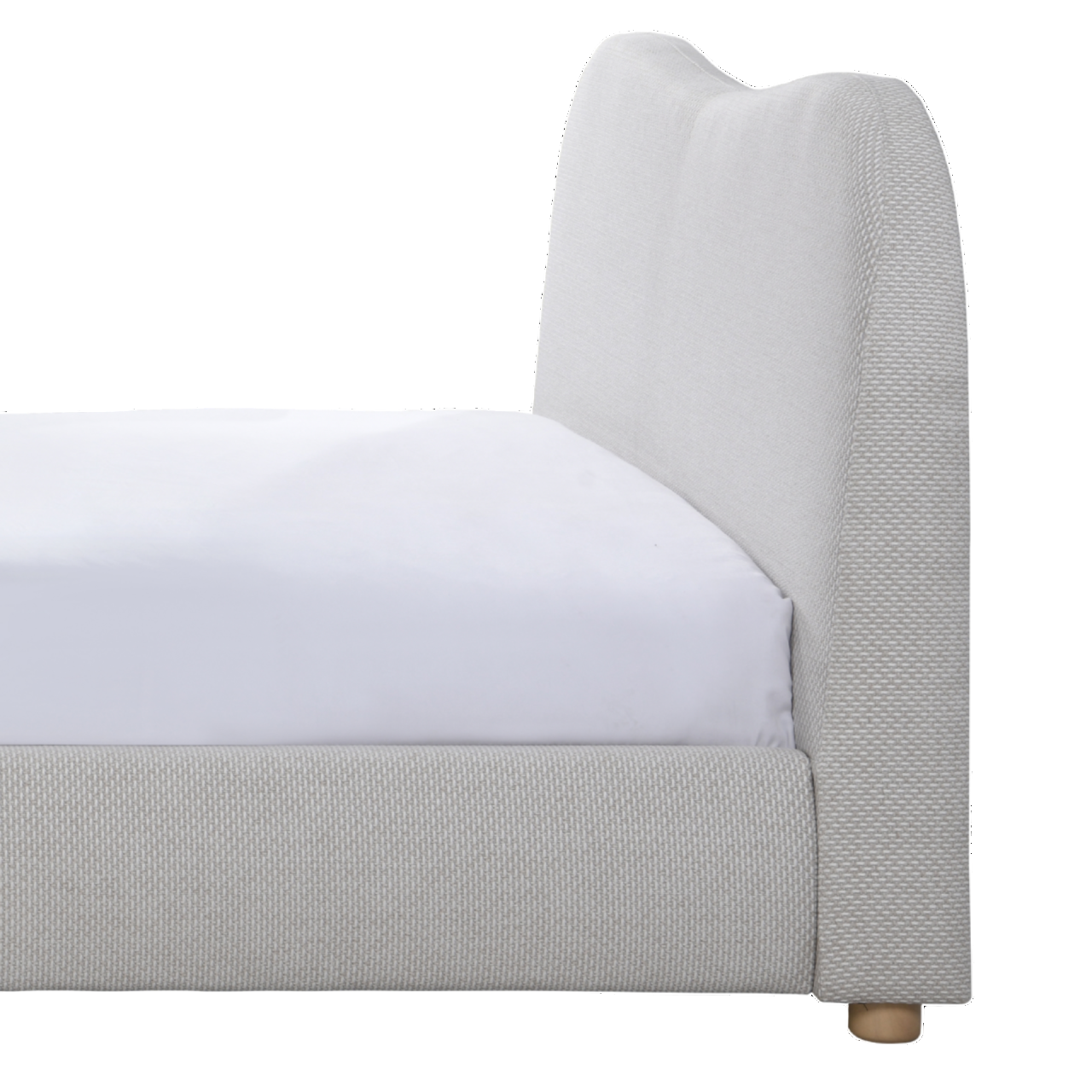 Gray upholstered bed frame with a white mattress on a white background