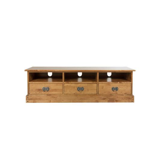 A honey-coloured wooden wide TV unit with three drawers and metal handles, featuring a rustic design.