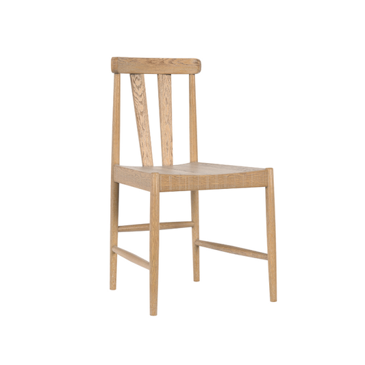 A mid-century modern style oak dining chairs with a plain and simple design, featuring a wooden finish.