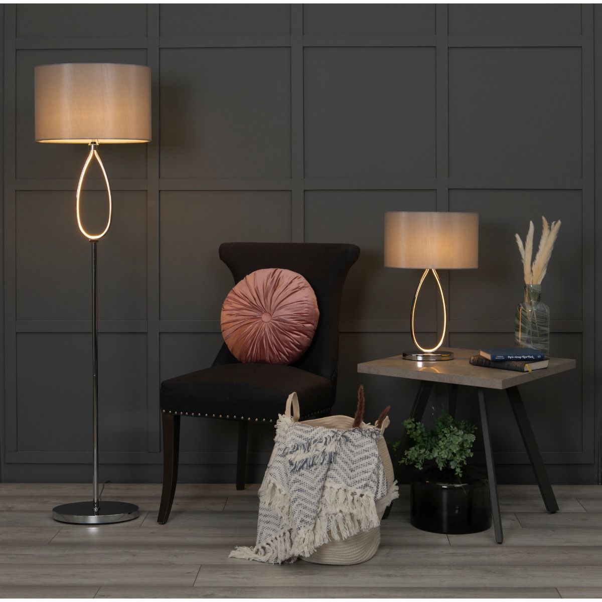 Zabina Polished Chrome & Grey LED Table Lamp - White Bear Furnishings